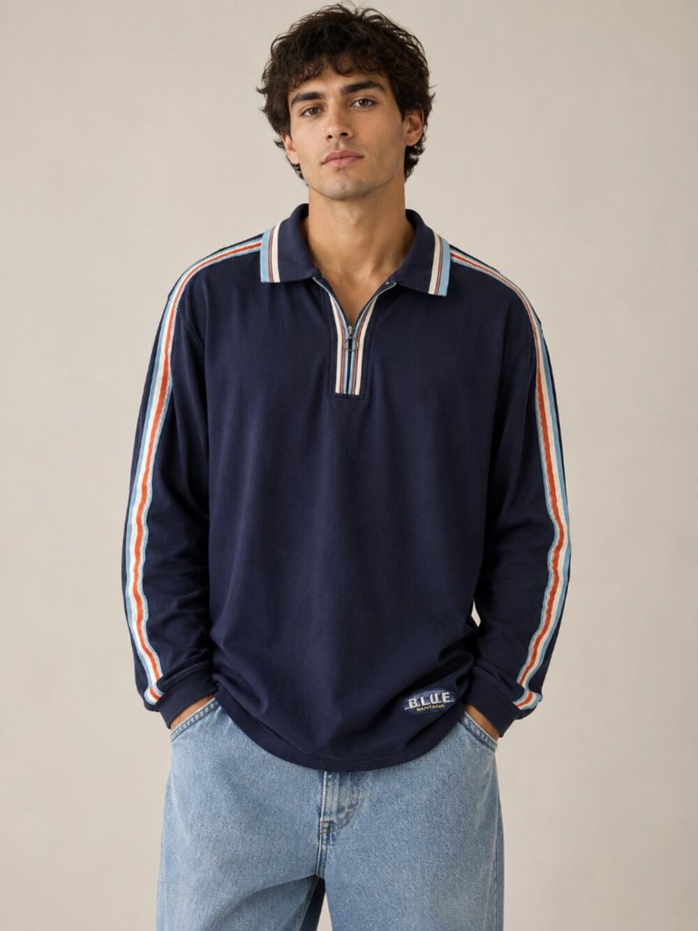 Santana Blue Mens L Navy Quarter Zip Polo Y2K Retro 90s Streetwear 100% Cotton